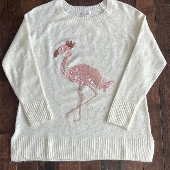 Lauren Conrad Sequined Flamingo Long Sleeve Crewneck Sweater Cream Womens M - Picture 2 of 11